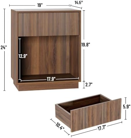 Fluted Nightstands Set of 2, Modern Bedside Table with Storage Drawer and Open Wood Shelf, Wood End Table Mid Century Night Stands for Bedroom Living Room Sofa Couch Office Walnut Brown - Image 2