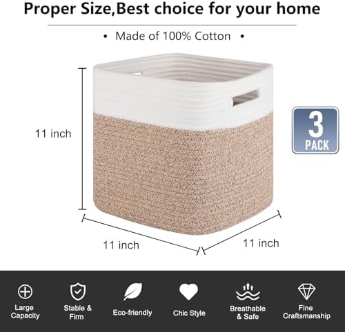 OIAHOMY Storage Cubes 11 Inch Storage Bin 3-Pack Square Basket White&Brown - Image 3