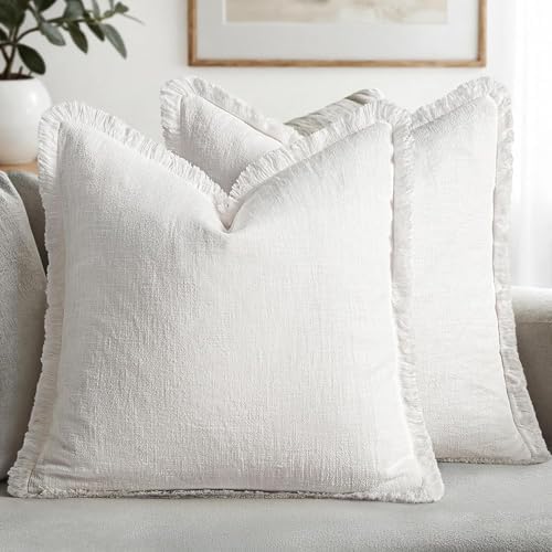 MIULEE Boho Linen Fringe Decorative Euro Throw Pillow Covers White 28x28 by MIULEE