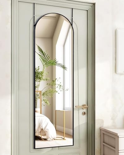 KOMCOTE Full Length Mirror 48x14 Inches - Over The Door Hanging Mirror for Bedroom, Living Room, Closet - Arch Floor Mirror, Door Mirror with Black Frame - No Drill Easy Install by KOMCOTE