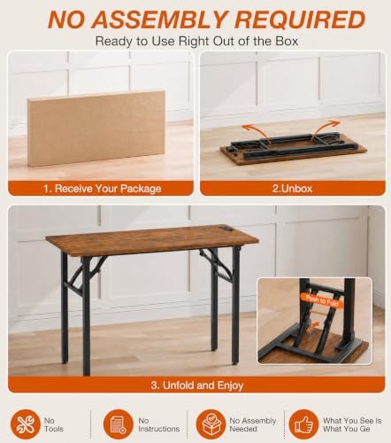 XBurmo Small Folding Desk Folding Table, No Assembly Foldable Desk Gaming Desk, 43.3-Inch Computer Table Workstation with 2 AC Outlets and 2 USB Ports for Bedroom and Home Office, Rustic Brown - Image 3
