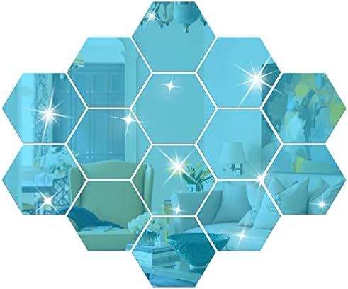 DIY Wall Decals Acrylic Mirror Sticker Set 12 Pcs, Hexagon Mirror Wall Stickers for Living Room Bedroom Decor (Blue) - Image 6
