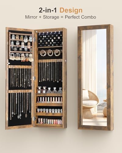 Nicetree 6 LEDs Mirror Jewelry Cabinet, Wall/Door Mounted,Rustic Brown - Image 4