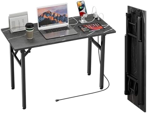 TEMI Small Computer Desk Folding Table - No Assembly, Compact 43.3" Foldable Desk with Power Outlets & USB Charging Port, Portable Small Office Desk, Ideal Mini Study Table, Marble Greige by TEMI
