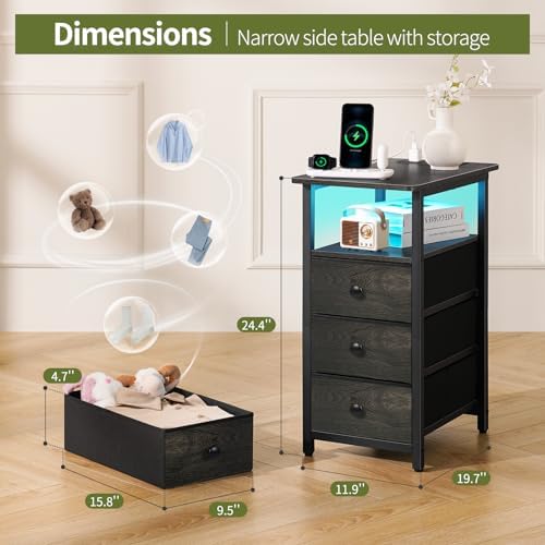 Yoobure End Table with Charging Station, LED Narrow Side Table Bedside Table, Small Night Stand End Tables Living Room, Skinny Nightstand with 3 Fabric Drawers, Side Tables Bedroom for Small Spaces - Image 2