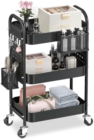 ALVOROG 3 Tier Metal Rolling Utility Cart with Pegboards,Baskets,Hooks by ALVOROG