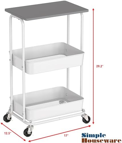Simple Houseware 2-Tier Rolling Utility Cart Wood Top/Lockable Wheel, Gray - Image 3