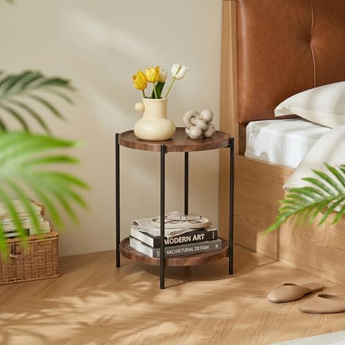 TeoKJ 2 Tier Small Side Table, Folding Round Metal End Table with Two Removable Wooden Tray, No Assembly Nightstand for Bedroom Living Room Bedside Round Bedside Table for Small Spaces, Walnut - Image 5