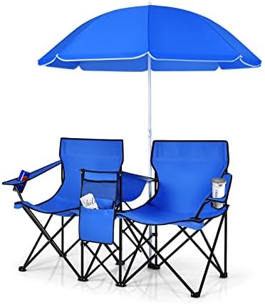 ARLIME Double Folding Beach Chairs, Outdoor Picnic Portable Loveseat Chairs with Removable Umbrella & Mini Table Carrying Bag, Camping Chair for Patio, Pool, Park (Blue) by ArlimeDirect
