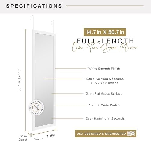 MCS 14.7x50.7 Matte White Over The Door Mirror, Full Length Hanging Mirror for Bedroom & Bathroom Doors, Lightweight Design with Patented No Tools Required Hanging System - Image 3