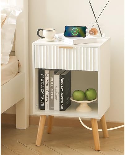 Fultyle White Nightstand with Charging Station, Fluted Bedside Table - Image 2
