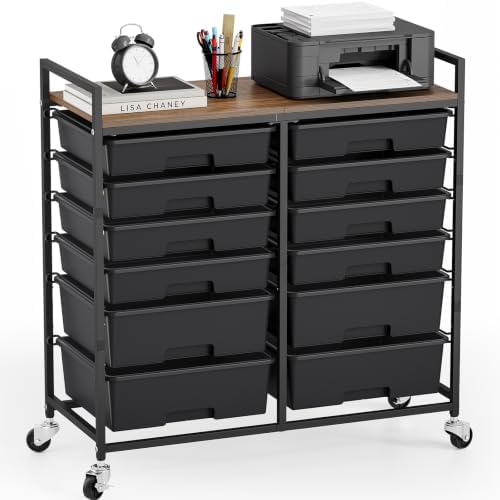 TOOLF 12 Drawers Rolling Storage Cart with Wooden Top for Classroom, Black by TOOLF