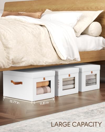 Homsorout Storage Bins with Lid – Closet Organizer with Side Opening and Clear Window, Foldable Stackable Fabric Basket for Clothes, Home, Office - 13.77" x 11.8" x 9.8", 3 Pack, White - Image 4