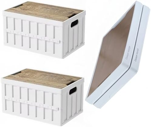 VIMI 50L Collapsible Storage Bins with Lids Stackable Utility Crates with Handles Plastic Large Folding Containers for Organizing Tools,Books,Food,Drinks,Camping&Transport (White-2 Pack) by VIMI