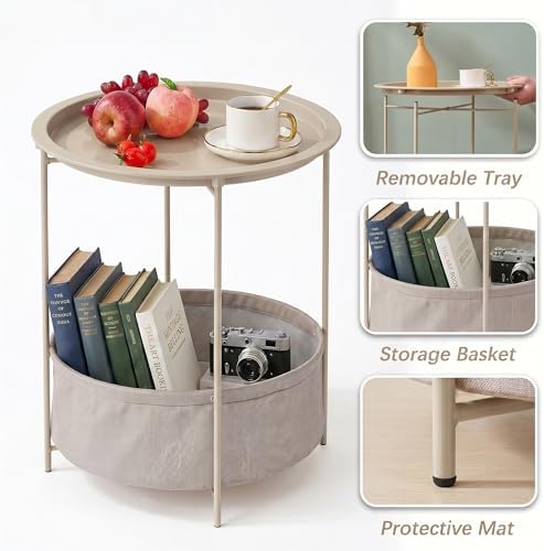 VECELO Round Side/End Table with Fabric Storage Basket，Metal Anti-Rust and Waterproof Small Bedside Nightstand with Removable Tray Top for Living Room，Balcony & Laundry，Grey /1pcs with Basket - Image 5