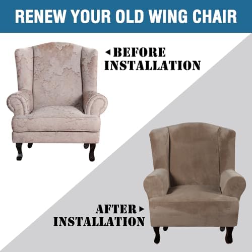 H.VERSAILTEX Wingback Chair Covers Velvet Plush Wing Chair Slipcover 1 Piece High Stretch Wing Back Chair Slipcovers Sofa Cover Furniture Cover with Elastic Bottom, Mocha - Image 7