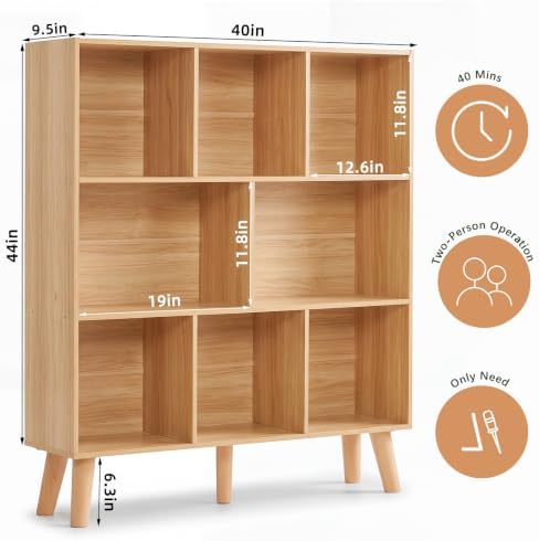 YAHARBO 8 Cube Natural Bookshelf,4 Tier Book Shelf with Legs,Modern Minimalist Bookcase,Open Book Shelves Storage Organizer,Frees Standing Wooden Display Bookcases for Small Space,Bedroom,Living Room - Image 2