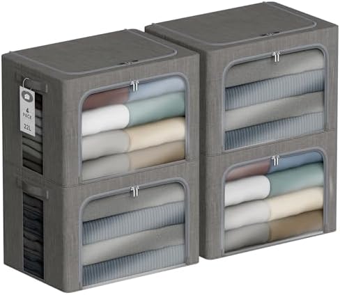 4 Pack Clothes Storage Bins with Metal Frame - 22L Stackable Storage Box with Lid，Foldable Storage Container Organizer for Clothes，Linen Fabric Storage Box with Clear Window＆Zippers＆Handles by Chizjox