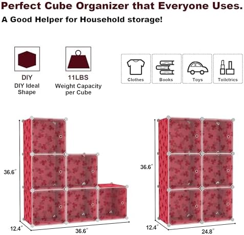 C&AHOME Clover Embossed 6-Cube Storage Organizer with Doors Cube Shelf Red - Image 2