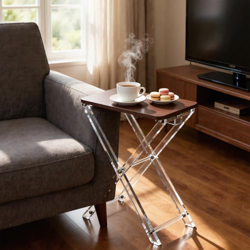 Folding TV Tray Table with Wooden Top, Acrylic Folding TV Tray Table Deep Walnut Foldable Small Desk Space-Saving Side Table for Living Room, Bedroom, Kitchen, Snack & Serving Table, Easy Assembly - Image 2