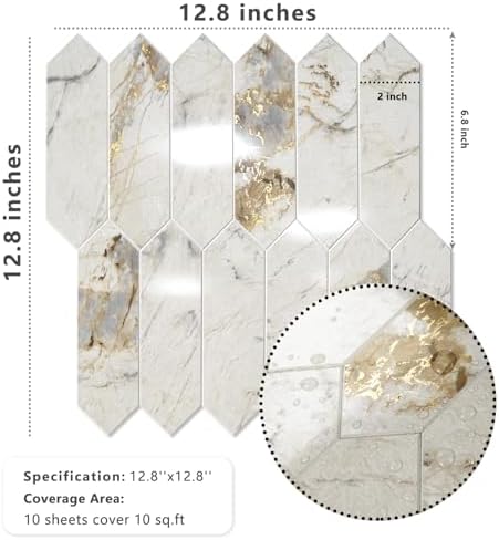 Vamos Tile Glossy Pandora Marble with Gold Veining Backsplash Tile Peel and Stick, 12.8 x 12.8 Inch 10 Sheets Long Hexagon PVC Self Adhesive Mosaic Tiles Stick on Backsplash for Kitchen and Bathroom - Image 4