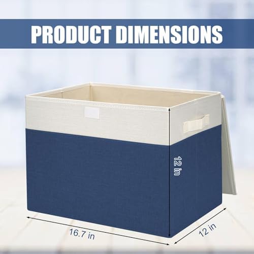 Bagnizer Large 42 Quarts Fabric Storage Bins with Lids [2-Pack] Linen Collapsible Foldable Baskets, Closet Organizer Containers boxes with Handles for Home Office (16.7 x 12 x 12, Navy Blue & White) - Image 2