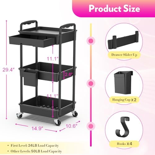 SUNALLY Makeup Cart Organizer with Drawer,3 Tier Rolling Makeup Cart, Black - Image 2