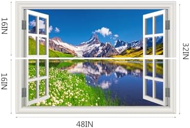 Fake Window Wall Sticker Mural - Mountain Lake Landscape Art Decor Decals | Faux Window Spring Blue Sky Cloud Natural Scenery Mural｜ Stick and Peel｜for Room Office Scene Decor｜48"x32",Set of 2 Sheets - Image 4