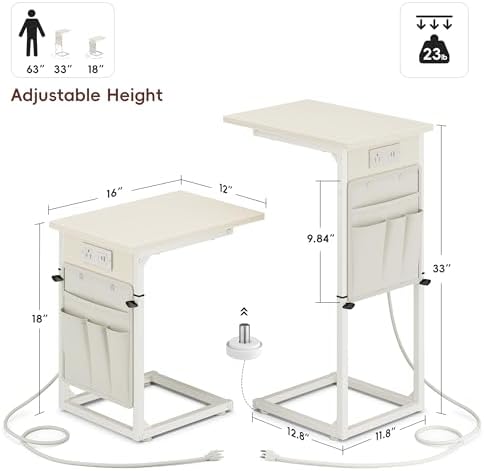 Vagusicc C Shaped End Table with Charging Station, Adjustable Height Side Table for Couch, Small Sofa Table C Table End Table, Slide Under Couch Table TV Tray Arm Table for Living Room, Bedroom, Cream - Image 3