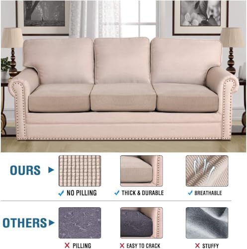 H.VERSAILTEX Super Stretch Individual Seat Cushion/Couch Slipcover Sets Thick Jacquard Textured Twill Fabric (3 Piece Sofa Covers, Sand) - Image 2