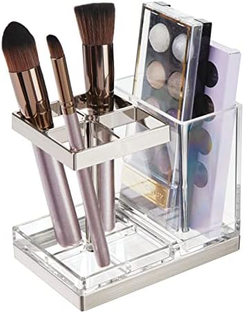 mDesign Plastic Toothbrush and Toothpaste Storage Organizer Holder - Home Decor for Bathroom Countertop - Holds Toiletries and Beauty Accessories - Lumiere Collection - Clear/Brushed - Image 4