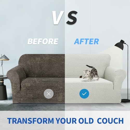 ZNSAYOTX 1 Piece Jacquard Couch Covers for 3 Cushion Couch Living Room High Stretch Sofa Cover Pets Dogs Friendly Anti Slip Thickened Slipcovers Furniture Protector (Large, Ivory) - Image 4