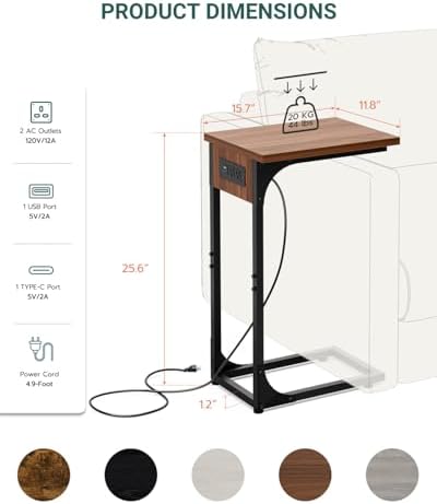 C-Shaped Side Table for Couch - Small Coffee Stand Sofa Tray Desk with Metal Frame Waterproof Scratch Resistant Wood Top and Built-in Charging Station, Rustic Walnut - Image 2