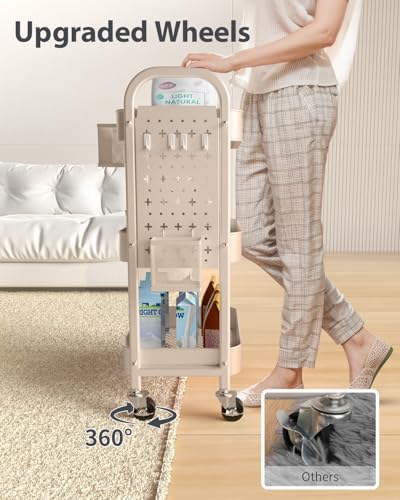 ALVOROG 3 Tier Metal Rolling Utility Cart with Pegboards,Baskets,Hook,Khaki - Image 3