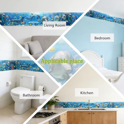 Ocean Wallpaper Border Wall Border Trim Peel and Stick 19.7 x 4 Inch Ocean Dolphin Fish Pattern PVC Decorative Molding Sticker for Bathroom Laundry Kitchen Backsplash Hotel Home Decoration - Image 7