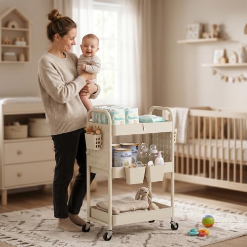 danpinera 3 Tier Rolling Cart with Retractable Dividers, Multi-Functional White Rolling Utility Cart with Pegboards, Hooks & Hanging Cups for Nursery, Living Room, Studio - Image 7