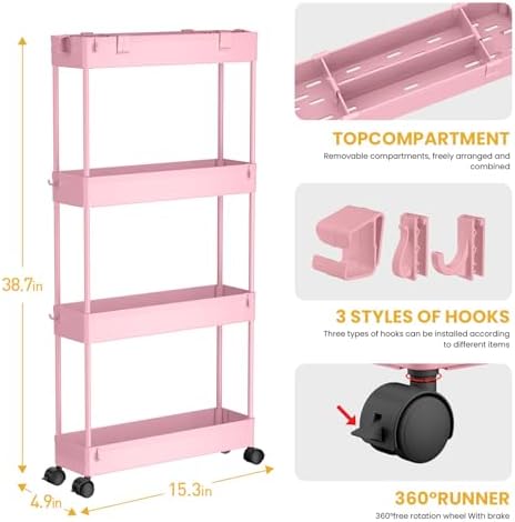 SPACELEAD Slim Storage Cart 4 Tier,Bathroom Organizer Rolling Utility,Mobile Shelving Unit Slide Out for Office, Kitchen, Laundry Room & Narrow Places,Pink - Image 3