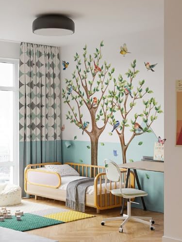Tree Bird Wall Stickers - Green Flying Leaf Butterfly Vinyl Peel & Stick Removable Wall Art Decals Decorative for Living Room Kid Bedroom,83.54 cm x 78.79 cm - Image 5