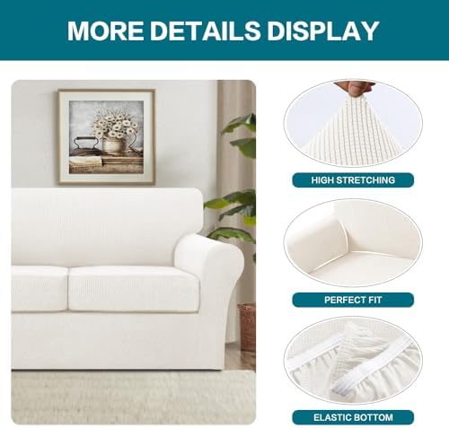 Turquoize 3 Piece Sofa Covers for 2 Cushion Couch Sofa Slipcover Soft Couch Cover for Dogs-Washable Sofa Furniture Cover with 2 Individual Cushion Covers (2 Cushion Sofa, Porcelain White) - Image 4