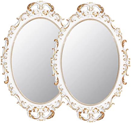 Tstarer 2 Pack - Vintage Decorative White Framed Mirror, Wall Hanging Mirrors & Tabletop Tray for Bedroom Living Room Dresser Decor, Oval- 9.6" W x 14.3" L (WHITE-2PACK) by Tstarer