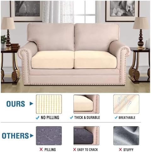H.VERSAILTEX Super Stretch Individual Seat Cushion Covers Sofa Covers Couch Covers Slipcover Sets Thick Jacquard Textured Twill Fabric (2 Piece Large Sofa Cushion Covers, Cream) - Image 2