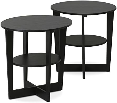 Furinno Jaya 2-Tier Round Side Table Set of 2, Open Shelf, Walnut - Image 6