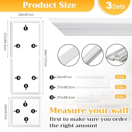 Colingmill 3 Sets Pre-Cut Wall Peel and Stick Trim Molding Wall Wainscoting Panels 3D Self Adhesive Baseboard Molding Trim for Interior Decoration Living Room Bedroom Accent (54 x 24 x 0.98 in,White) - Image 2