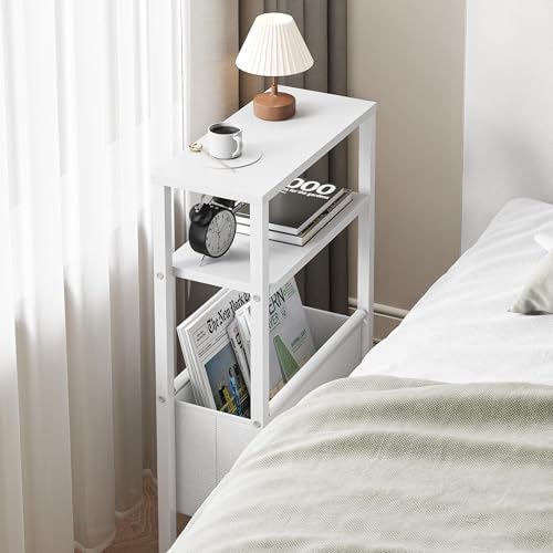 Narrow Side Table, Slim End Table with Magazine Rack, Skinny Bedside Table for Small Spaces, 3 Tier Sofa Couch Table Nightstand for Living Room, Bedroom, White LET503W - Image 5