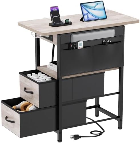 Yenlure Small Side Table with Charging Station, Narrow Nightstand Bedside Tables with Storage Pocket for Living Room Bedroom, Sofa End Table with USB Ports and Power Outlets for Small Spaces, Greige by CREATEDFORSMARTHOMES