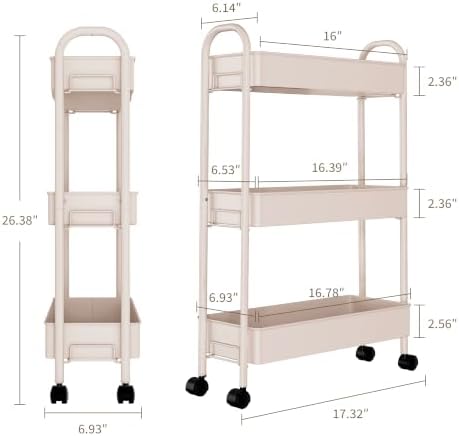 Slim Rolling Cart, Metal Frame Utility Rolling 3-Tier Narrow Storage Cart - Image 2