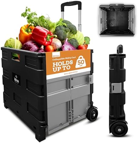 Inspired Living Ultra-Slim Rolling Collapsible Storage Pack-N-Roll Utility-carts, with Telescopic Handle, for Home, Garden, Shopping, Office, School use, Medium, Grey & Black by Inspired+Living