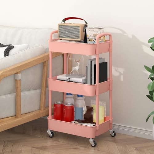Sywhitta 3-Tier Plastic Rolling Utility Cart with Wheels for Storage, Pink - Image 3