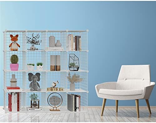 HUBSON Wire Cube Storage Organizer, Book/Toy/Craft/Potted Plants and Pet Closet Organizers, 16-Cube Freely Combinable Metal Grid Storage Shelves, White Plus Iron - Image 2