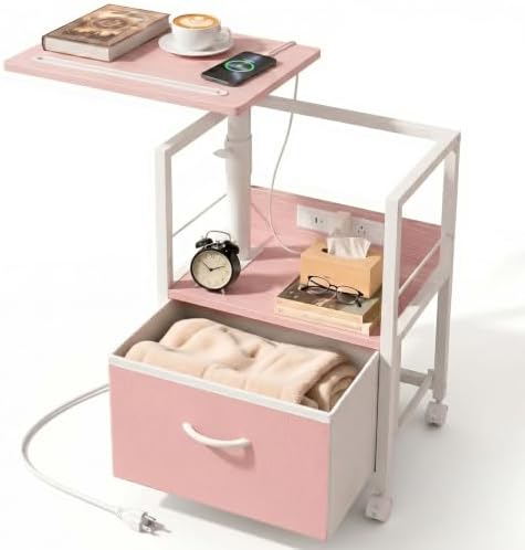 Faesun Swivel Lift Top Nightstand with Charging Station, Rolling Side Table for Recliner, Bedside Table with Wheels & a Fabric Drawer, for Small Spaces, for Bedroom, Living Room, Pink by Faesun